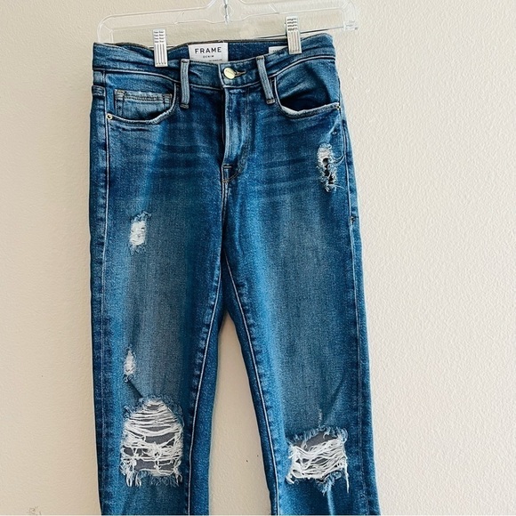 FRAME Women's Blue Le Nouveau Straight Distressed Ripped Jeans Size 24 - Picture 3 of 9